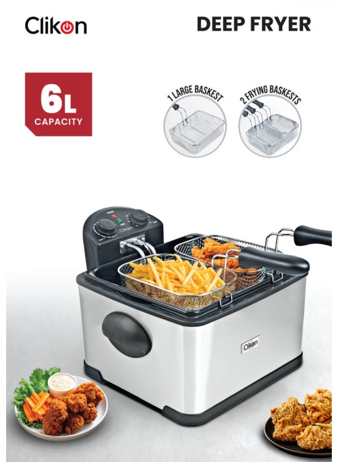 كليكون Stainless Steel 6L Deep Fryer with Timer | 2000W Electric Fryer with Lid, Viewing Window & Anti-Grease Filter 6 L 2000 W CK375 Silver and Black - Image 1