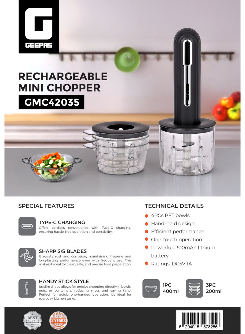 GEEPAS Rechargeable Mini Food Chopper | 1300mAh Battery, Stainless Steel Blades, Type-C Charging | 4 Bowls (400ml & 200ml), Handheld Design | One-Touch Operation for Effortless Chopping | GMC42035 5 W GMC42035 Black - Image 3