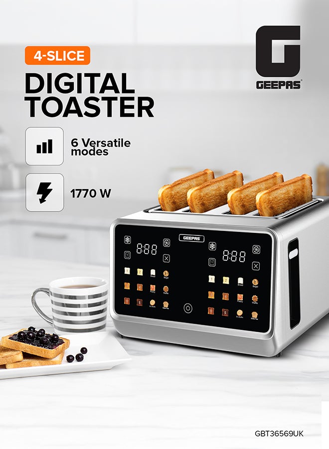 GEEPAS Digital 4-Slice Toaster 6 Modes 1770 W | Removable Crumb Tray and Stainless Steel Housing | Defrost, Reheat and Cancel Functions | Perfect for Toasting Different Types Breads | 2 Years Warranty GBT36569UK Silver 1770 W GBT36569UK Silver & Black - Image 2