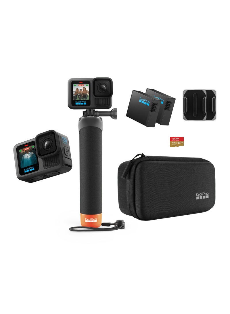 GoPro HERO13 Black Travel/Adventure Bundle including  64GB Memory Card The Handler, Enduro Batteries (2x), Curved Adhesive Mount (2x), 64GB SanDisk MicroSD Card, Camera Case - Image 1