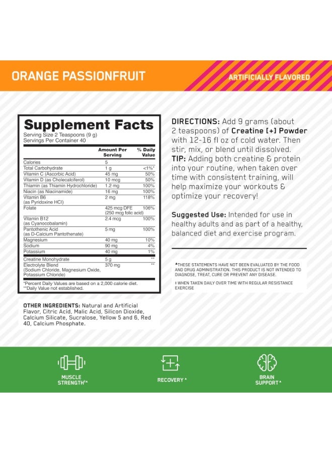 Optimum Nutrition Creatine Plus Powder, Orange Passionfruit Flavor, Creatine Monohydrate with Electrolytes & Vitamins B, C, D, 40 Servings, 360g - Image 3