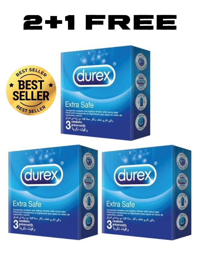 Durex 2 Plus 1 Free Extra Safe Condom Bundle 3 Packs Each Pack Contains 3 Latex Condoms Total 9 Pieces Extra Lubricated Ultra Thin for Maximum Protection and Comfort