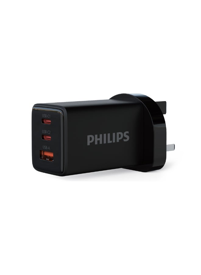 Philips 65W GaN Fast Charger, 3-in-1 Multi-Device Charging Adapter with Type-C & Type-A Ports, 50% Charge in 30 Min, Intelligent Protection, Compact Travel-Friendly Charger black - Image 1