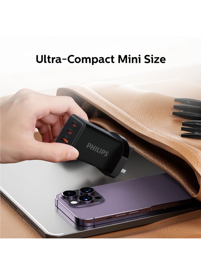 Philips 65W GaN Fast Charger, 3-in-1 Multi-Device Charging Adapter with Type-C & Type-A Ports, 50% Charge in 30 Min, Intelligent Protection, Compact Travel-Friendly Charger black - Image 3