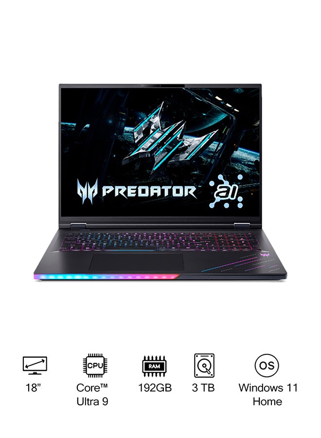 أيسر لابتوب بريداتور هليوس PH18 بشاشة WQXGA مقاس 18 بوصة، مع معالج كور ألترا 9-275HX/ذاكرة RAM سعة 192GB/قرص SSD سعة 3TB/بطاقة رسومات Nvidia Geforce RTX 5090 بسعة 24GB/نظام ويندوز 11 برو - Image 1
