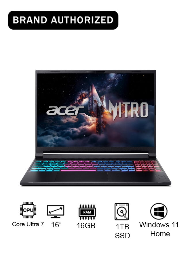 أيسر Nitro V16S Slim Gaming Laptop 14th Gen Intel Core 7-240H 10 Cores Upto 5.2GHz/16GB DDR5 RAM/1TB SSD Storage/8GB NVIDIA®GeForce®RTX 5060 Graphics/16" WQXGA IPS 180Hz Display/W11/Killer WiFi-6/4-Zone RGB KB/Thunderbolt 4/ English Black - Image 1