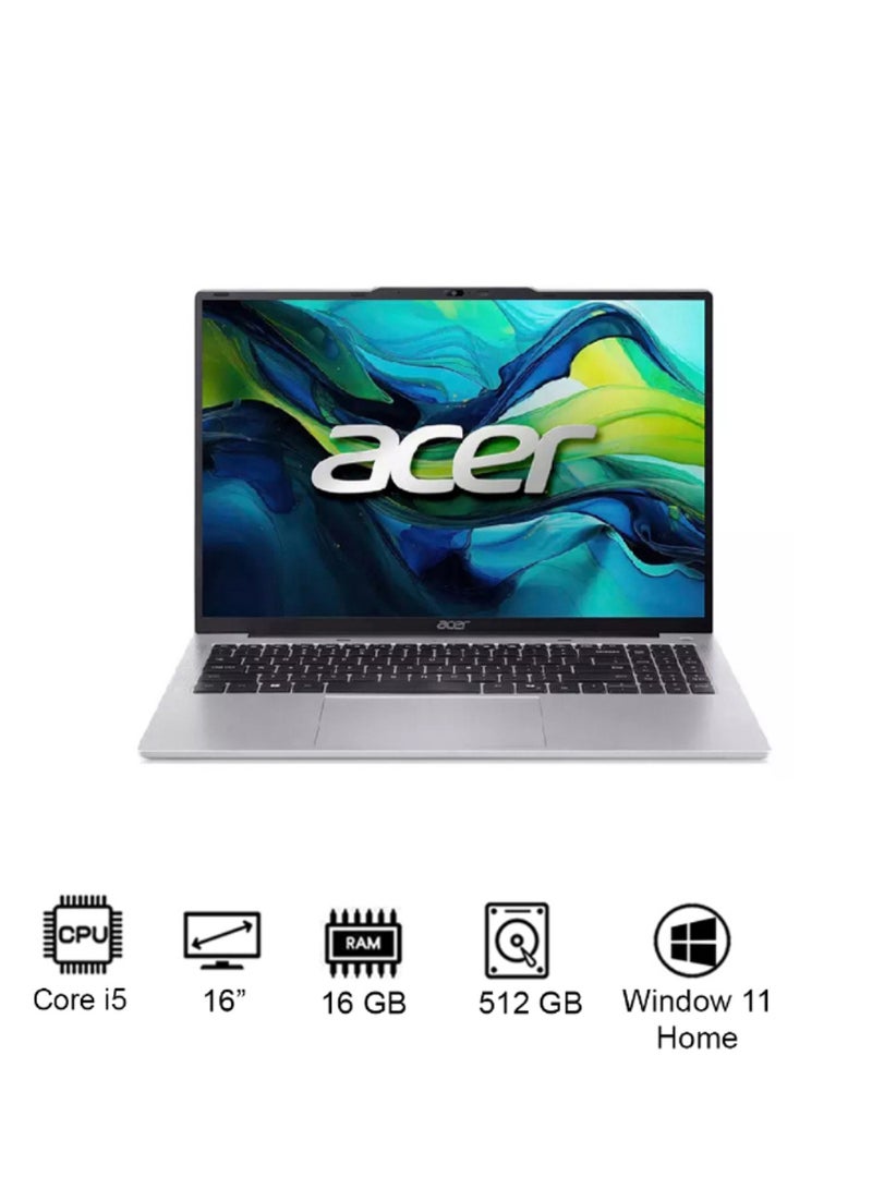 Acer Aspire Lite AL16 Laptop 13th Gen Intel Core i5-1334U 10 Cores Upto 4.6GHz/16GB DDR5 RAM/512GB SSD Storage/Intel Iris XE Graphics/16" WUXGA IPS SlimBezel Display/Win 11 Home/WiFi-6/ / English/Arabic Light Silver - Image 1