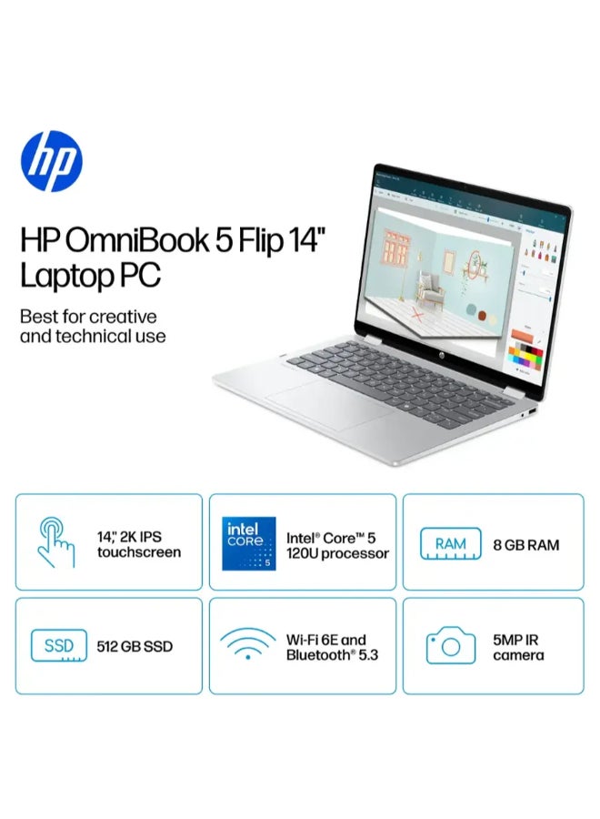 HP OmniBook 5 Flip 2-in-1 Laptop With 14-Inch 2K Touch-Screen Display, Intel Core 5 Processor/8GB RAM/512GB SSD/Intel Arc Graphics/Windows 11 Home English Glacier Silver  - Image 2