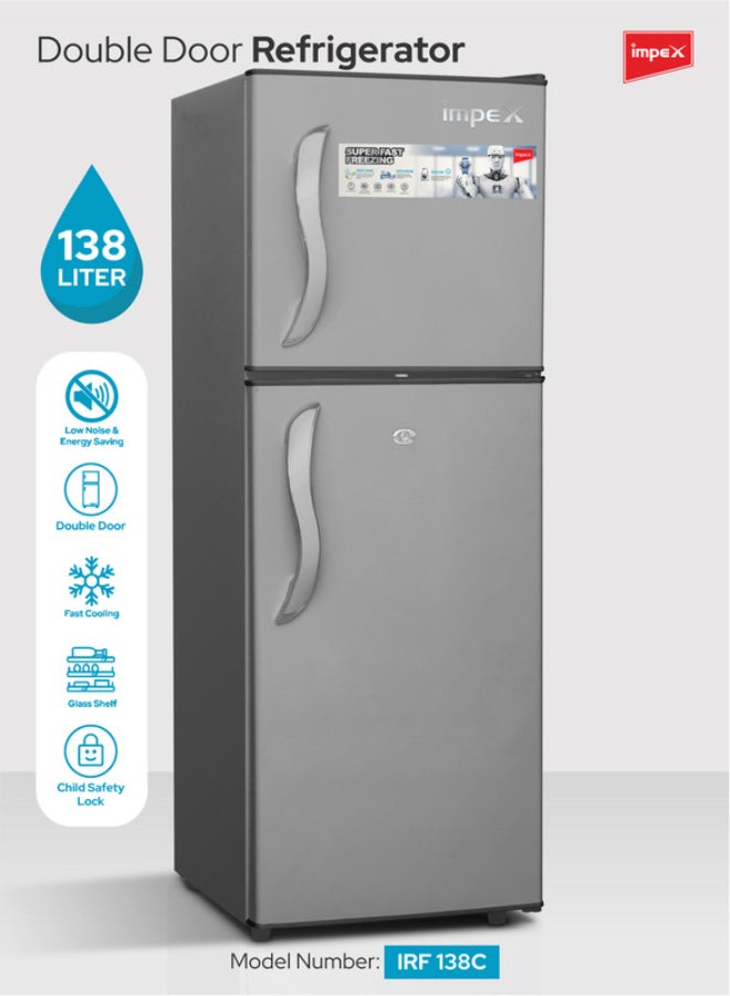 Impex 138L Gross/128L Net, Double Door Refrigerator, No Frost Inverter Refrigerator, 4.5 Cu.Ft Freezer, 42Ltr Freezer + 86Ltr Refrigerator, Glass Shelves, Fast Cooling Fridge Freezer, Silent Operation Best for Home, 2 Year Product Warranty & 10 Year Compressor Warranty, Safety Lock And Key, 120 W IRF 138C Dark Grey - Image 1