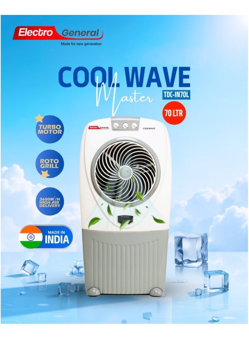 الكترو جنرال مبرد صحراوي كهربائي جنرال 70 لتر - محرك توربو قوي 195 واط، 3 مستويات سرعة، حجرة ثلج مزدوجة، خزان ماء كبير، ضوضاء منخفضة، 4 عجلات لسهولة الحركة، مثالي لتبريد الصيف - أبيض TDC-IN70L - Image 1