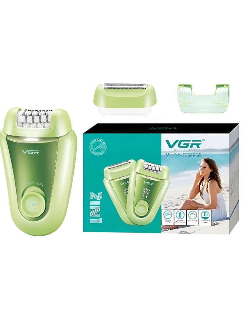VGR V-758 2-in-1 Electric Epilator, 32 Tweezers, LED Display, 90-Minute Runtime, USB-C Charging - Green - Image 2