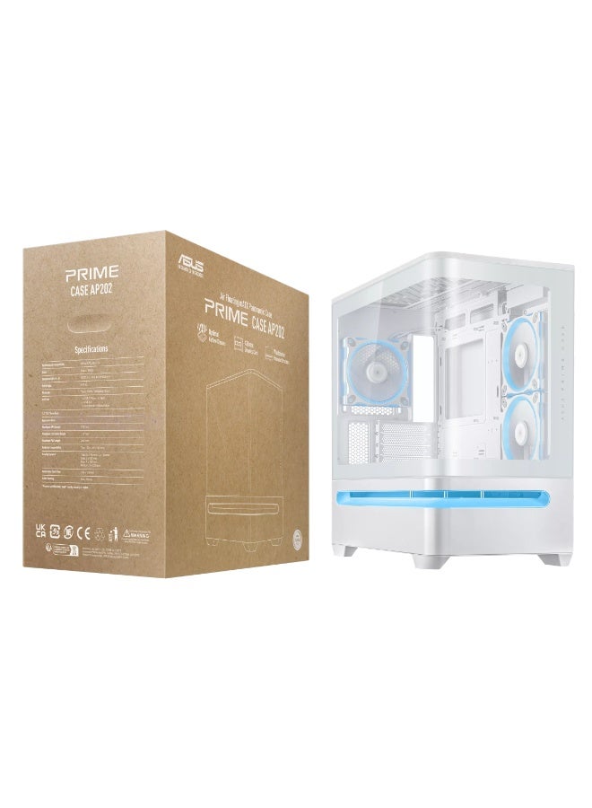 ASUS Prime AP202 ARGB Micro-ATX PC Case, Curved Tempered Glass Side Panel, 3x ARGB Fans, Patented GPU Cooling Slot Vent, Supports 360mm Radiator, Up to 420mm GPU, USB-C, Dust Filters, White | 90DC00P3-B19000  - Image 1