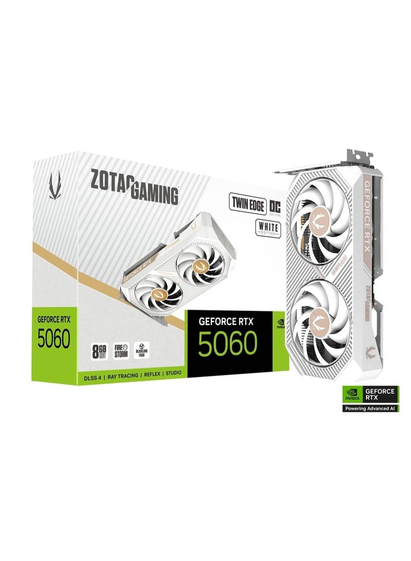 ZOTAC GAMING GeForce RTX 5060 Twin Edge OC White Edition 8GB GDDR7 128-Bit GPU, IceStorm 2.0 Dual Fan, Boost Clock 2527 MHz, DLSS 4, Ray Tracing, HDMI 2.1b & 3x DisplayPort 2.1, PCIe 4.0, Metal Backplate, Compact 2-Slot Design, VR Ready, 8K/165Hz Support, NVIDIA Reflex & AV1, White Color | ZT-B50600Q-10M  - Image 1