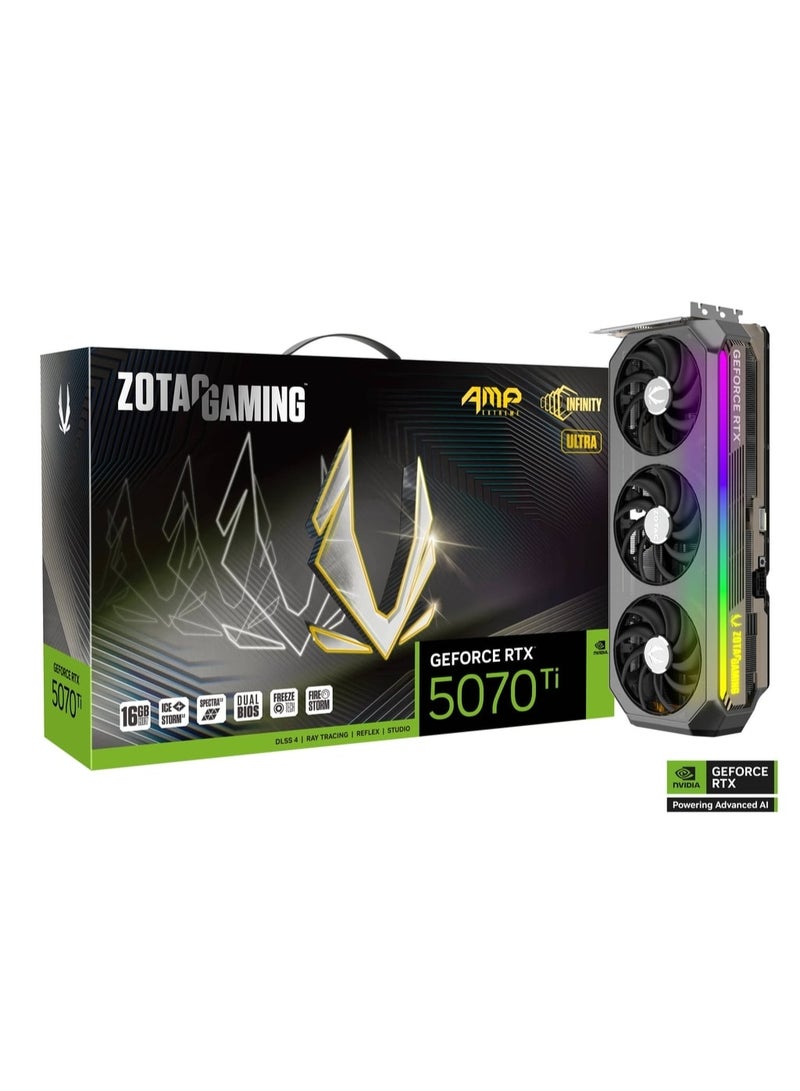 ZOTAC GAMING GeForce RTX 5070 Ti AMP Extreme INFINITY ULTRA 16GB GDDR7 Graphics Card, 8960 CUDA, 2572MHz Boost, 256-Bit, Triple Fan, Vapor Chamber, RGB, DLSS 4, Ray Tracing, PCIe 5.0, HDMI 2.1b, DP 2.1, Dual BIOS, 12V-2x6, 3.5-Slot | ZT-B50710BU-10P  - Image 1