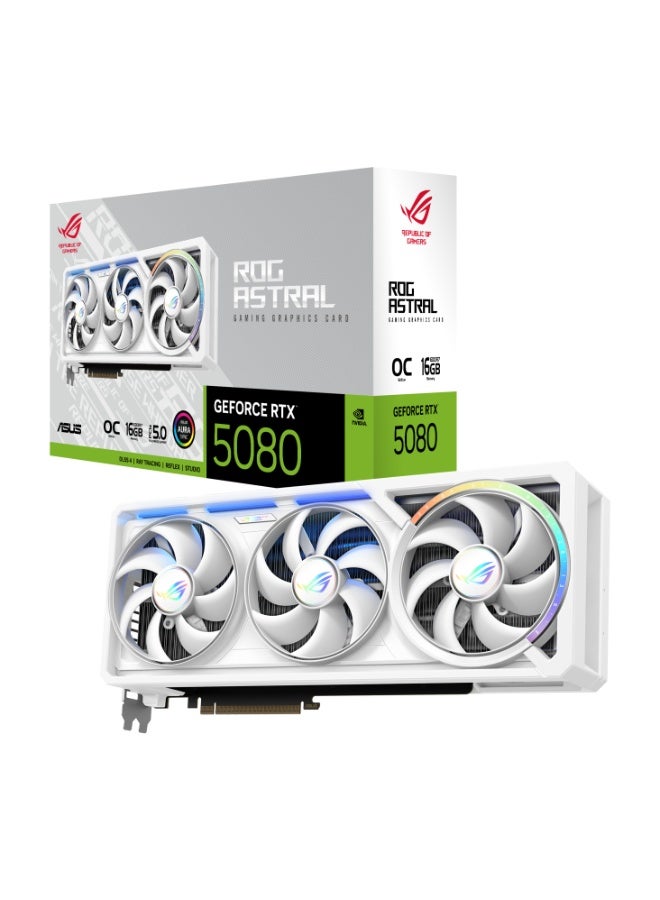 ASUS ROG Astral GeForce RTX 5080 O16G White OC Edition 16GB GDDR7 Graphics Card, 2790MHz Boost Clock, PCIe 5.0, Quad Axial-Tech Fans, Vapor Chamber Cooling, 3.8-Slot, HDMI 2.1, DisplayPort 2.1, ARGB, GPU Tweak III, Dual BIOS, White Metal Shroud, 16-Pin Power | 90YV0LV4-M0NA00 - Image 1