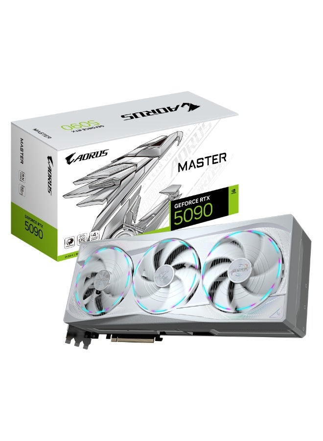 AORUS GeForce RTX 5090 MASTER ICE 32GB GDDR7 Graphics Card, 512-bit, 28Gbps, PCIe 5.0, Triple WINDFORCE Cooling, Vapor Chamber, RGB, LCD Edge View, 3x DisplayPort 2.1, 1x HDMI 2.1, Dual BIOS, AI Ray Tracing, 8K Ready, White | GV-N5090AORUSM ICE-32GD