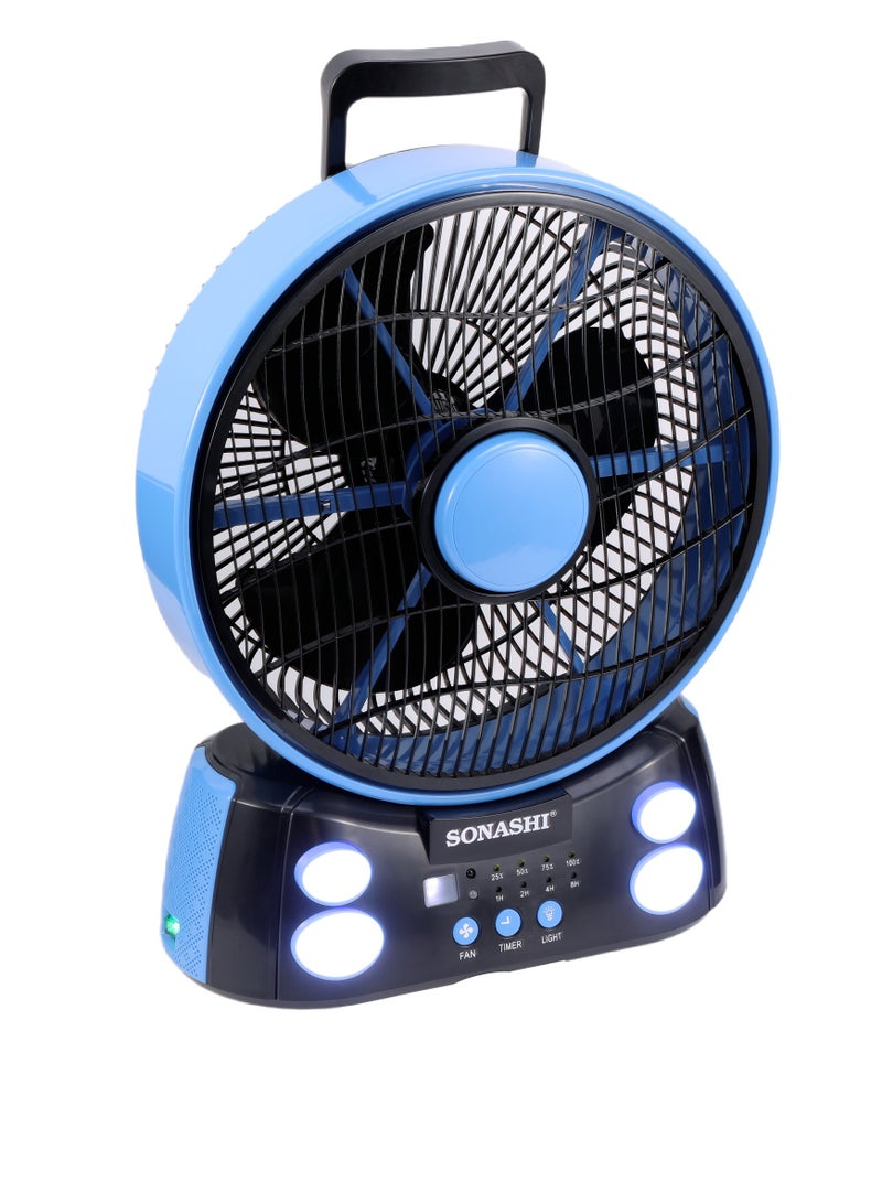 سوناشي Rechargeable Fan with AC/DC Operation and 6 Speed Settings, Fan with LED Light, Continuous Working of Fan 30Hrs and Light 36Hrs with Solar Charging and USB Charging Function, Compact Design for Cars, Outdoor, and Household Use, Remote Control SRF-212 Blue/Black  - Image 4