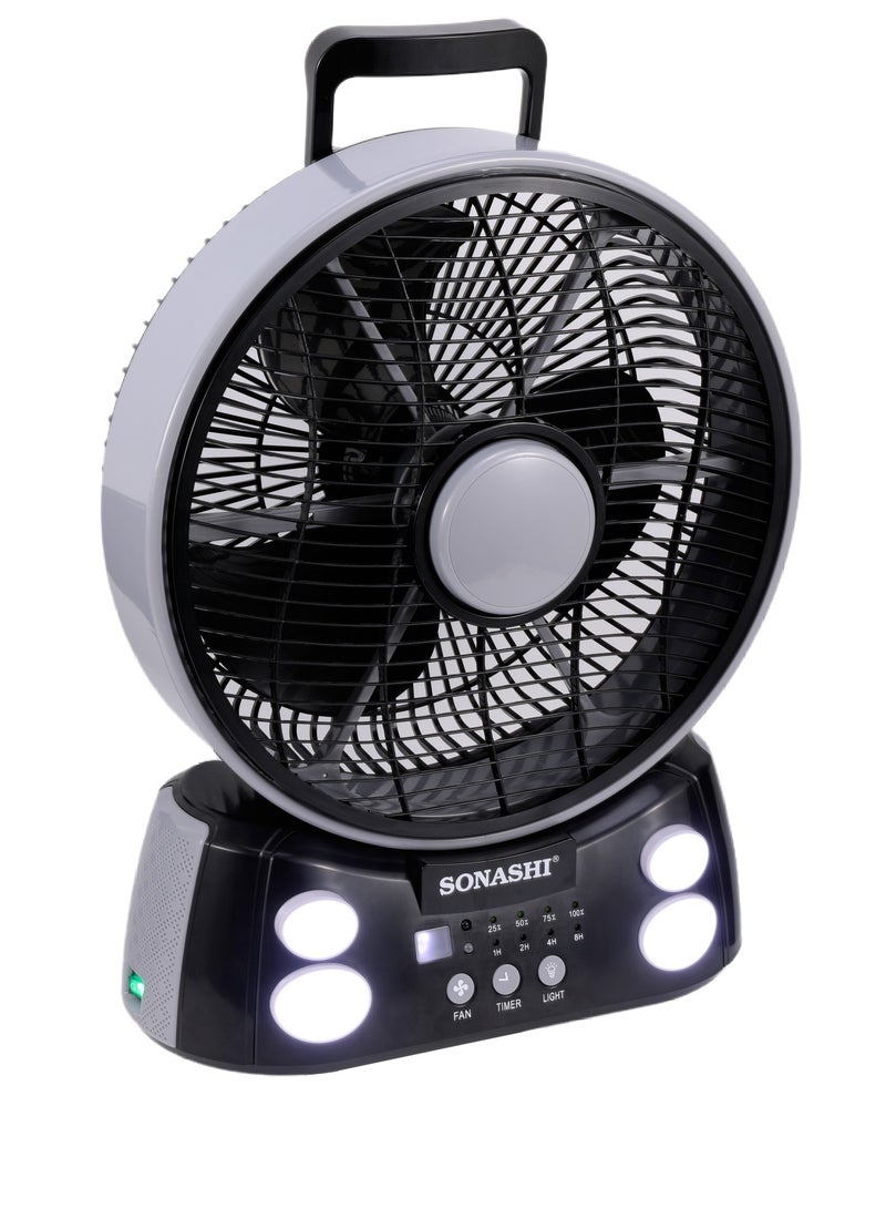 SONASHI Rechargeable Fan with AC/DC Operation and 6 Speed Settings, Fan with LED Light, Continuous Working of Fan 30Hrs and Light 36Hrs with Solar Charging and USB Charging Function, Compact Design for Cars, Outdoor, and Household Use, Remote Control SRF-212 Grey/Black - Image 4