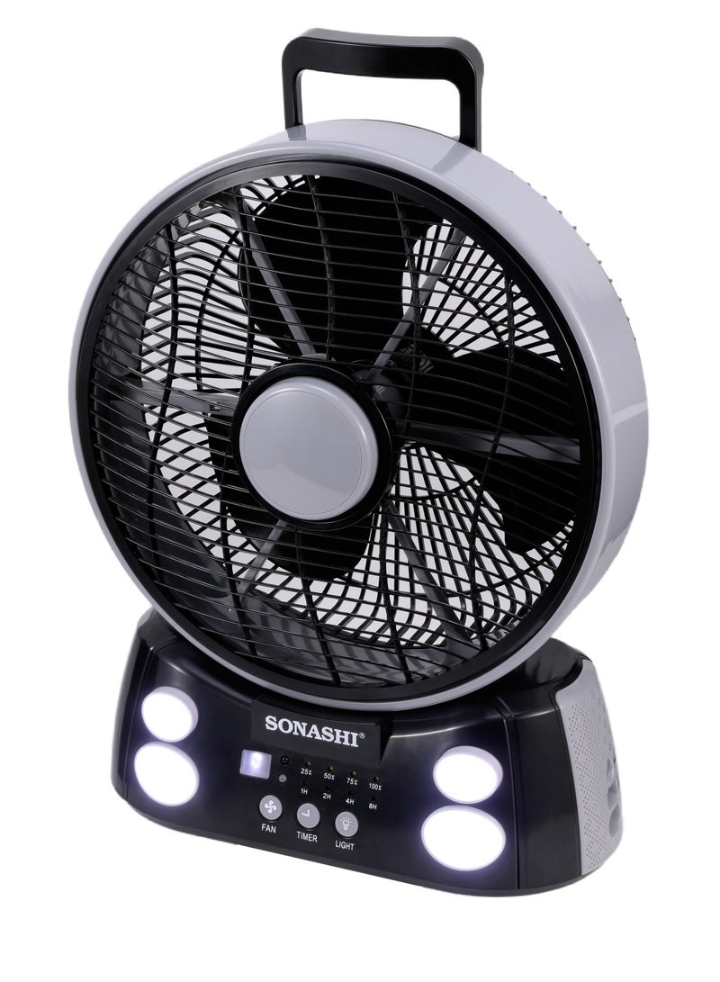 SONASHI Rechargeable Fan with AC/DC Operation and 6 Speed Settings, Fan with LED Light, Continuous Working of Fan 30Hrs and Light 36Hrs with Solar Charging and USB Charging Function, Compact Design for Cars, Outdoor, and Household Use, Remote Control SRF-212 Grey/Black - Image 2