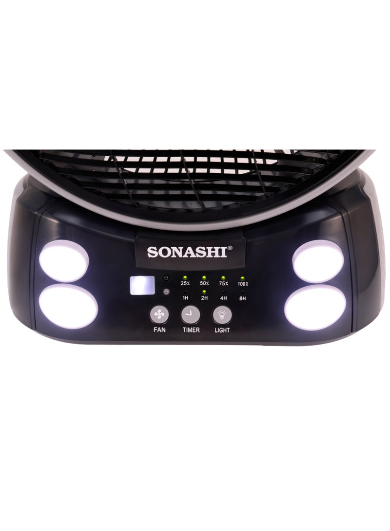 SONASHI Rechargeable Fan with AC/DC Operation and 6 Speed Settings, Fan with LED Light, Continuous Working of Fan 30Hrs and Light 36Hrs with Solar Charging and USB Charging Function, Compact Design for Cars, Outdoor, and Household Use, Remote Control SRF-212 Grey/Black - Image 5
