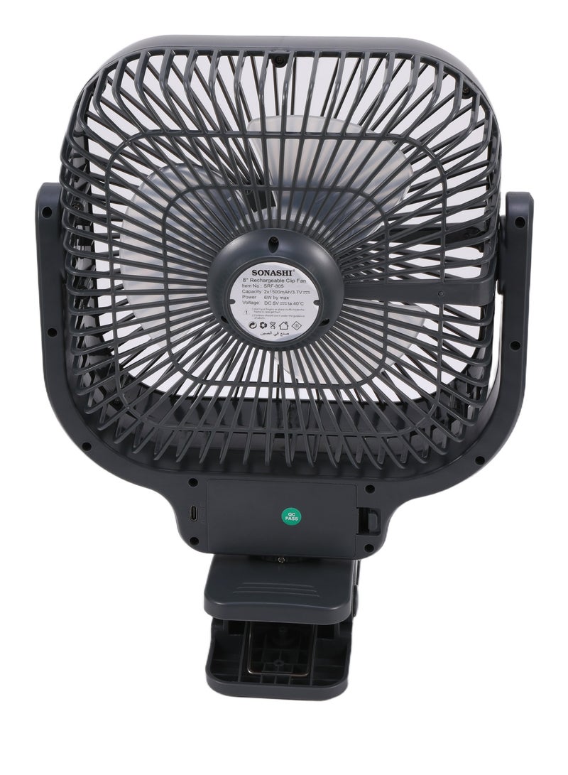 سوناشي 8 Inch Rechargeable Clip Fan with 12 Pcs Bright LED Light, with Type-C Charging Slot, LED Light Indicator with 3 Speed Settings, Continuous Working of 2-3Hrs High, 4-5Hrs Low, 9-10Hrs Low, Ideal for Office Tables, Car and Home SRF-805 Black  - Image 4