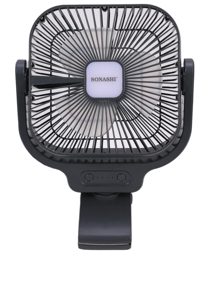 سوناشي 8 Inch Rechargeable Clip Fan with 12 Pcs Bright LED Light, with Type-C Charging Slot, LED Light Indicator with 3 Speed Settings, Continuous Working of 2-3Hrs High, 4-5Hrs Low, 9-10Hrs Low, Ideal for Office Tables, Car and Home SRF-805 Black  - Image 3