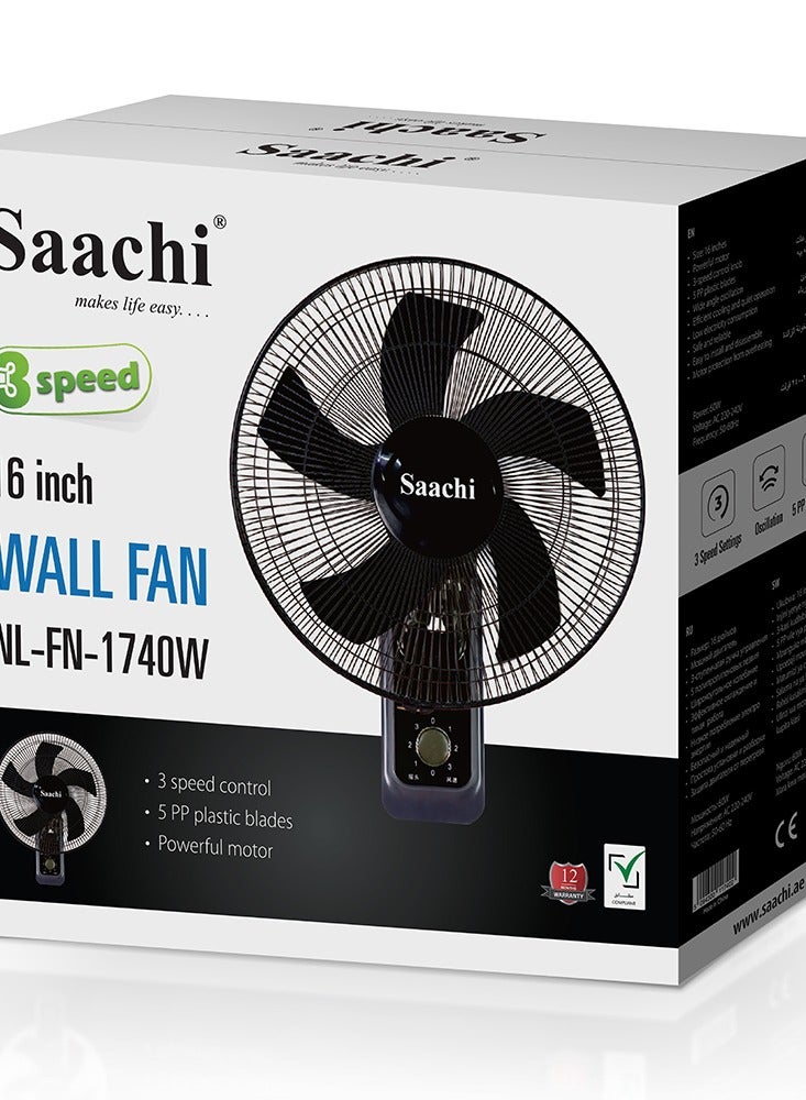 ساتشي 16-Inch Wall Fan with Powerful Motor, 3-Speed Settings, 5-Blade Design, Wide Oscillation & Overheat Protection – Energy Efficient & Silent Cooling 60 W NL-FN-1740W-BK Black  - Image 4