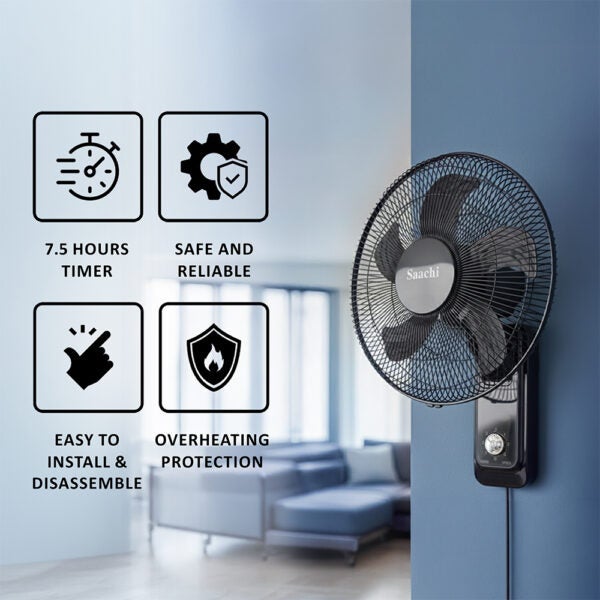ساتشي مروحة حائط 16 بوصة بمحرك قوي، 3 إعدادات سرعة، تصميم 5 شفرات، تذبذب واسع وحماية من السخونة الزائدة - توفير الطاقة وتبريد صامت - Image 3