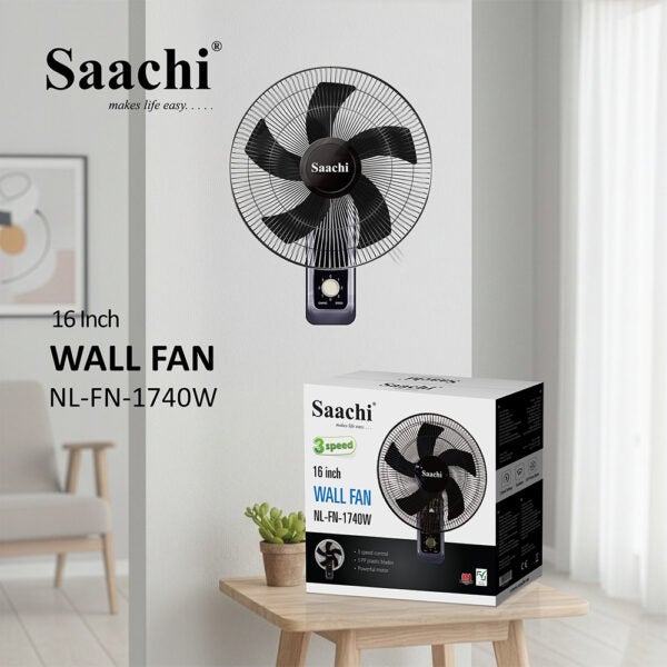 ساتشي مروحة حائط 16 بوصة بمحرك قوي، 3 إعدادات سرعة، تصميم 5 شفرات، تذبذب واسع وحماية من السخونة الزائدة - توفير الطاقة وتبريد صامت - Image 2