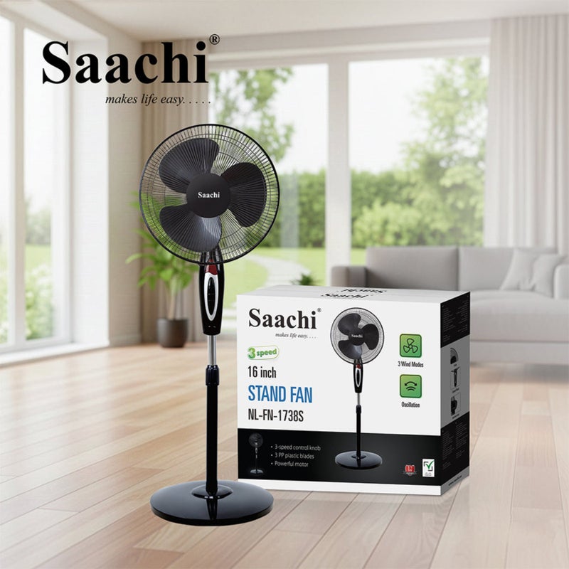 ساتشي مروحة قائمة 16 بوصة بمحرك قوي، تحكم بثلاث سرعات، ارتفاع قابل للتعديل وتذبذب واسع، مؤقت 7.5 ساعة، كفاءة في استهلاك الطاقة وتشغيل هادئ - Image 2