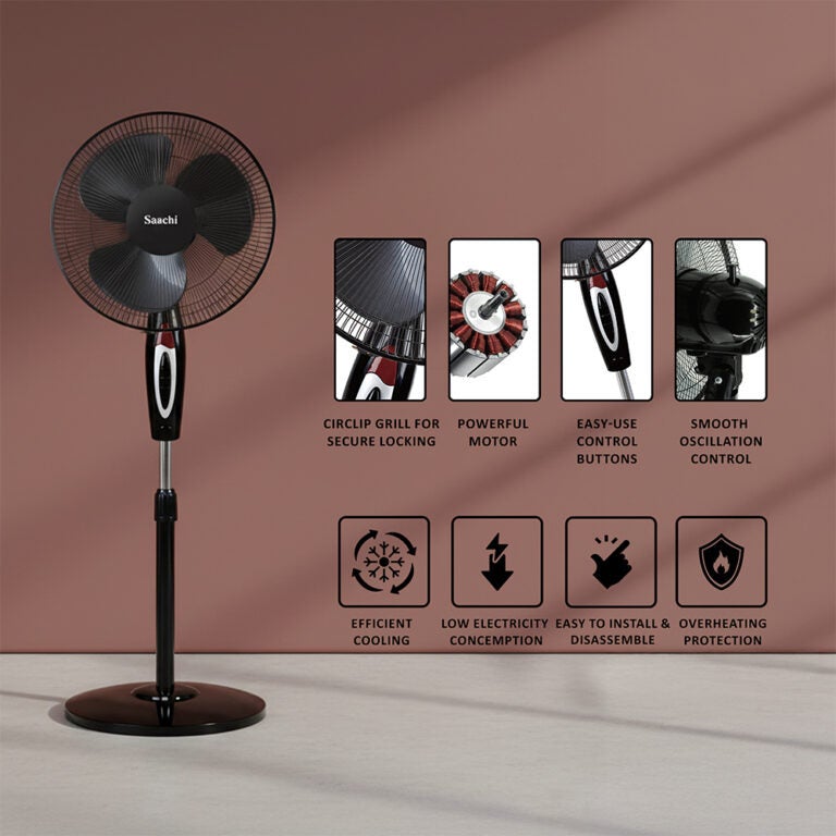 ساتشي مروحة قائمة 16 بوصة بمحرك قوي، تحكم بثلاث سرعات، ارتفاع قابل للتعديل وتذبذب واسع، مؤقت 7.5 ساعة، كفاءة في استهلاك الطاقة وتشغيل هادئ - Image 3