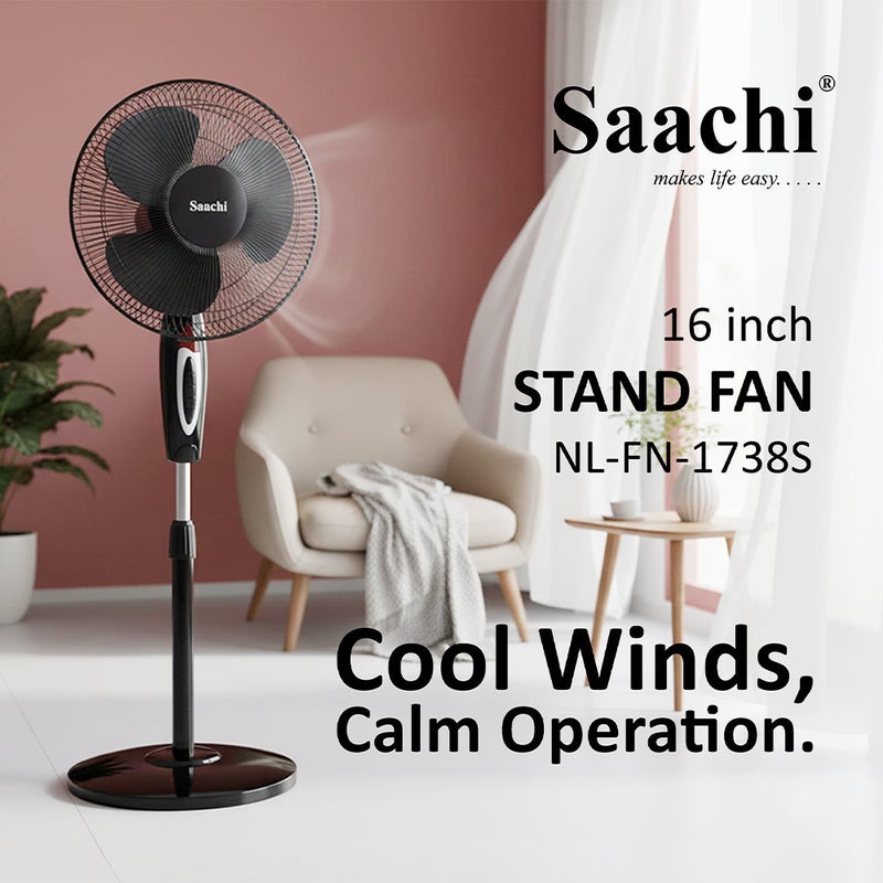 ساتشي مروحة قائمة 16 بوصة بمحرك قوي، تحكم بثلاث سرعات، ارتفاع قابل للتعديل وتذبذب واسع، مؤقت 7.5 ساعة، كفاءة في استهلاك الطاقة وتشغيل هادئ - Image 5