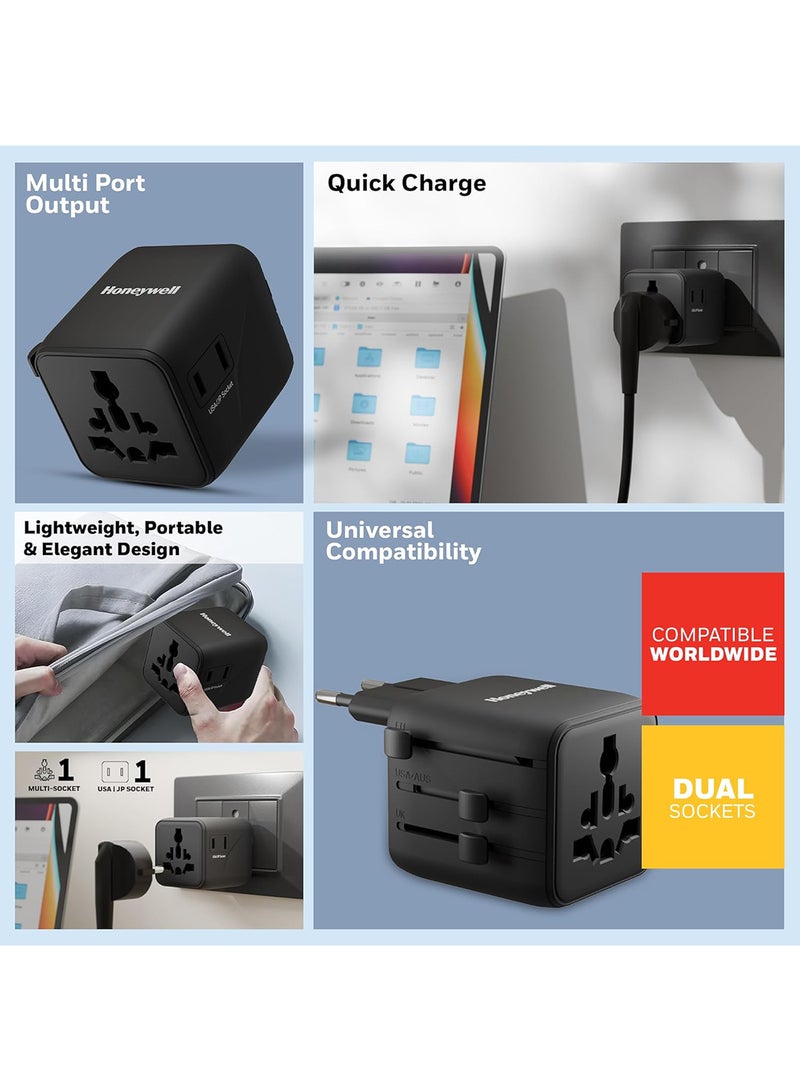 هوني ويل محول السفر العالمي الجديد، مقبس عالمي وأمريكي، يشحن جهازين في نفس الوقت، قابس عالمي للاتحاد الأوروبي، الولايات المتحدة، المملكة المتحدة والصين/أستراليا، حماية من الحمل الزائد والجهد الزائد، ضمان المصنع لمدة 3 سنوات - Image 2