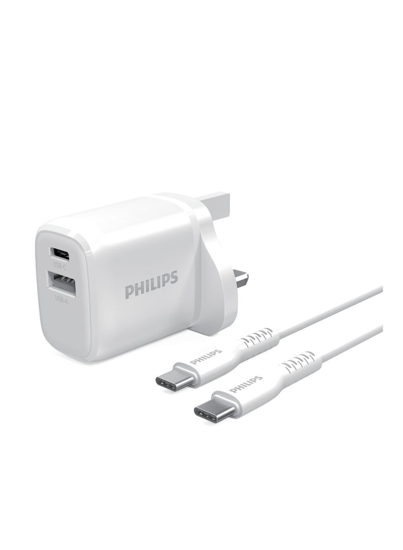 Philips Dual-Port 25W Fast Wall Charger, USB-C And USB-A, 3A Output, Smart Protection Technology, Universal Compatibility, 60W USB-C Cable Cord Included, Travel-Friendly For Smartphones And Tablets - White - Image 1