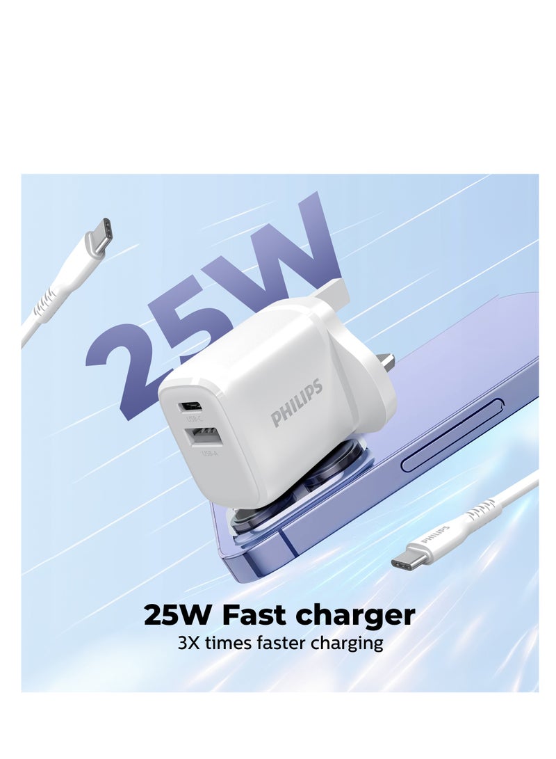 Philips Dual-Port 25W Fast Wall Charger, USB-C And USB-A, 3A Output, Smart Protection Technology, Universal Compatibility, 60W USB-C Cable Cord Included, Travel-Friendly For Smartphones And Tablets - White - Image 3