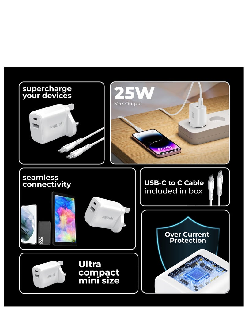 Philips Dual-Port 25W Fast Wall Charger, USB-C And USB-A, 3A Output, Smart Protection Technology, Universal Compatibility, 60W USB-C Cable Cord Included, Travel-Friendly For Smartphones And Tablets - White - Image 2