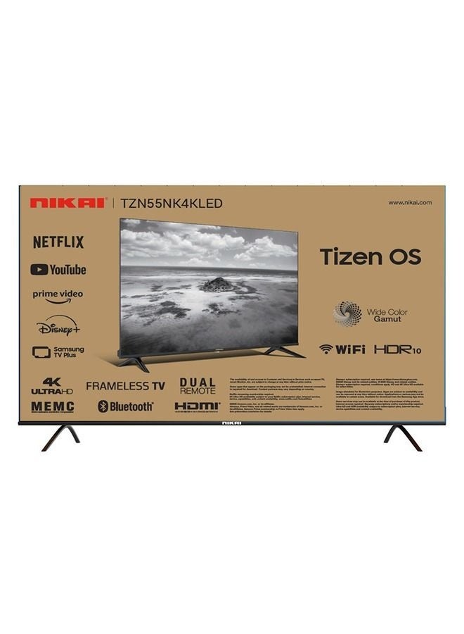 نيكاي 55" UHD 4K Smart TV, Operating System Tizen, 60Hz, built-in DVBT2/S2 tuners, Voice Control, Wi-Fi, Bluetooth, NetFlix, Youtube, Disney, Prime, Frameless Design, 2 Remotes, Model Year 2025, 2 Year Warranty, TZN55NK4KLED Black - Image 1