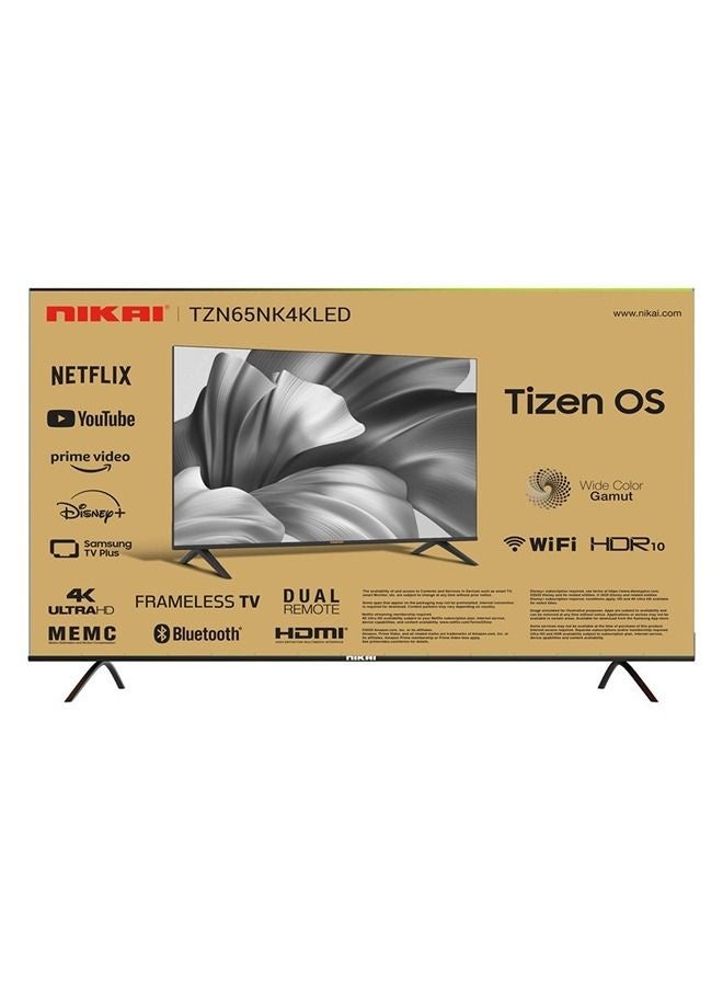 نيكاي 65" UHD 4K Smart TV, Operating System Tizen, 60Hz, built-in DVBT2/S2 tuners, Voice Control, Wi-Fi, Bluetooth, NetFlix, Youtube, Disney, Prime, Frameless Design, 2 Remotes, Model Year 2025, 2 Year Warranty, TZN65NK4KLED Black - Image 1