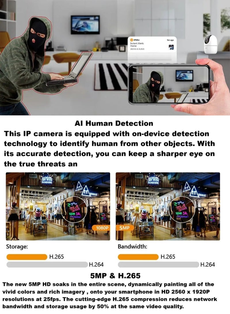 IMOU 3K FHD 360 Degree Security Camera (White), Supports Up to 256GB SD Card, WiFi and Ethernet Connection, Alexa Google Assistant, Human Detection, Night Vision Ranger2 5MP  - Image 5