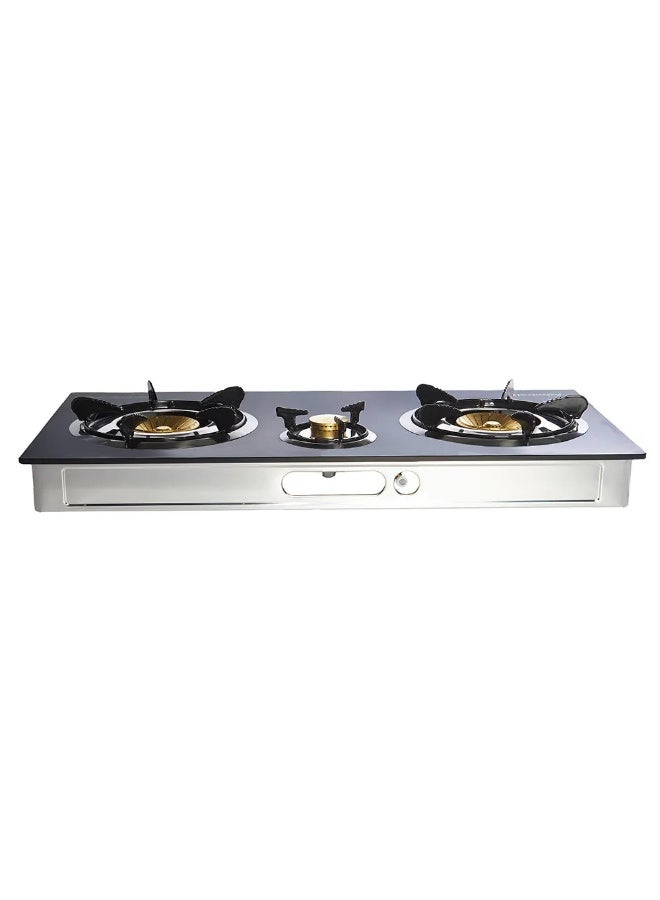 أدميرال 3-Burner Gas Stove – 90mm/40mm/90mm Brass Burners, 7mm Tempered Glass Top, Anti-Explosion Film, Stainless Steel Body – Model ADGST-GR3020SL ADGST-GR3020SL Black/Silver  - Image 3
