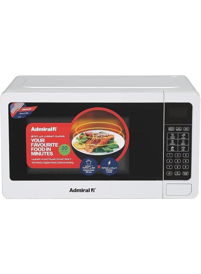 أدميرال Microwave Oven – 20 Litres, 800W | Compact Countertop Microwave with Multiple Power Levels, Defrost Function, Timer Control, Stylish Design for Everyday Cooking & Reheating 20 L 800 W ADMW20WSWP White - Image 1