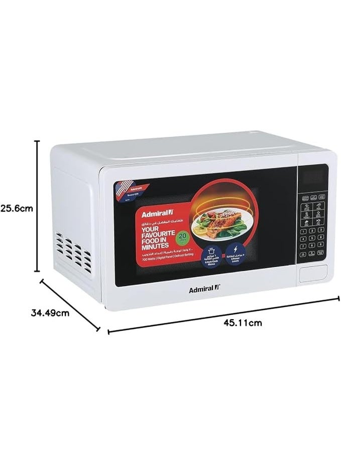 أدميرال Microwave Oven – 20 Litres, 800W | Compact Countertop Microwave with Multiple Power Levels, Defrost Function, Timer Control, Stylish Design for Everyday Cooking & Reheating 20 L 800 W ADMW20WSWP White - Image 2