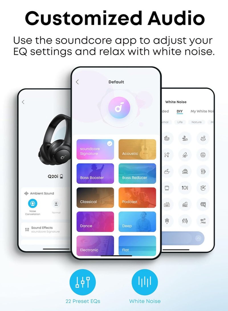 ساوند كور سماعات أنكر Q20i الهجينة لإلغاء الضوضاء النشطة، لاسلكية فوق الأذن بلوتوث، 40 ساعة من وقت التشغيل الطويل مع إلغاء الضوضاء، صوت عالي الدقة، باس قوي، تخصيص عبر تطبيق، وضع الشفافية - Image 4