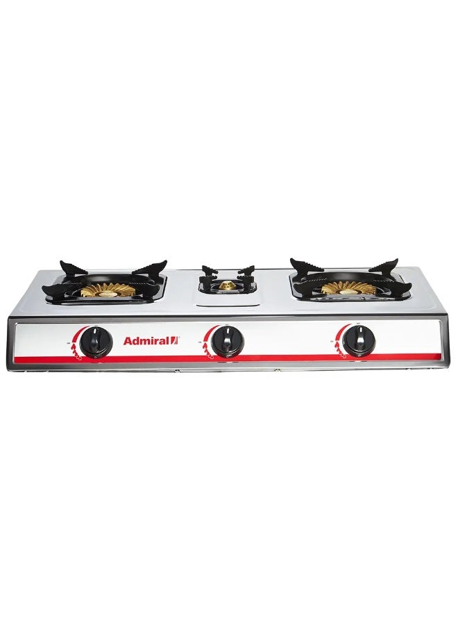 Admiral 3-Burner Gas Stove – 100mm/30mm/100mm Heavy-Duty Burners, Full Stainless Steel Body – Model ADGS-SS3011C ADGS-SS3011C Silver/Red - Image 1