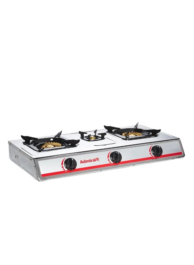 Admiral 3-Burner Gas Stove – 100mm/30mm/100mm Heavy-Duty Burners, Full Stainless Steel Body – Model ADGS-SS3011C ADGS-SS3011C Silver/Red - Image 4