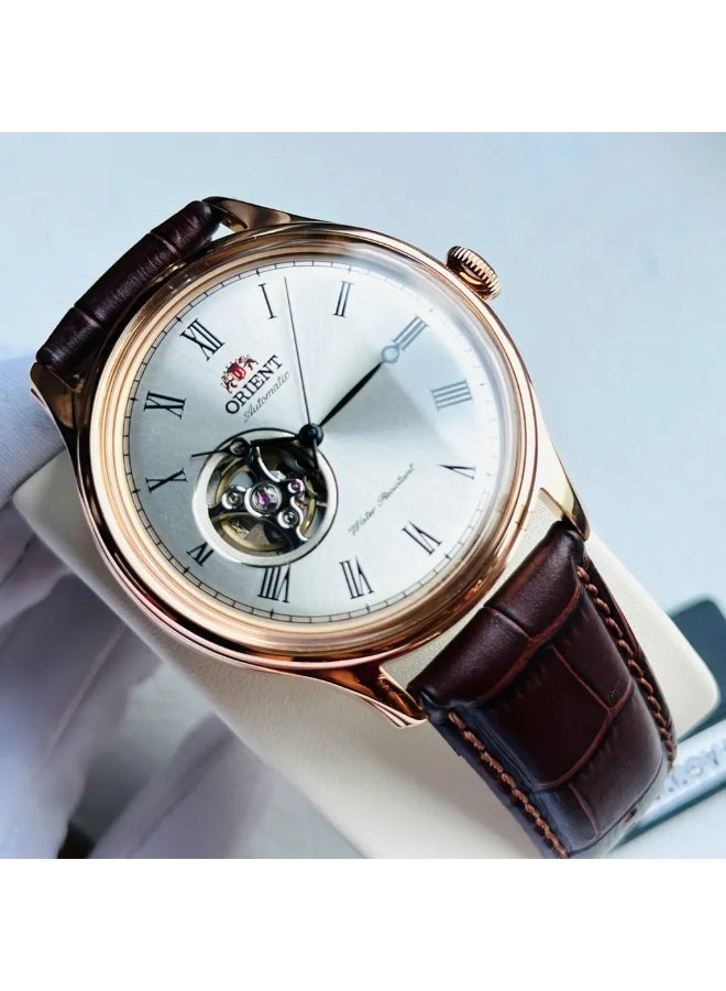 ORIENT Men's Envoy TAG00001S0 Men’s Automatic Watch – Open‑Heart Silver Dial, 43 mm Rose‑Gold Case, Leather Strap, 50 m WR - Image 1