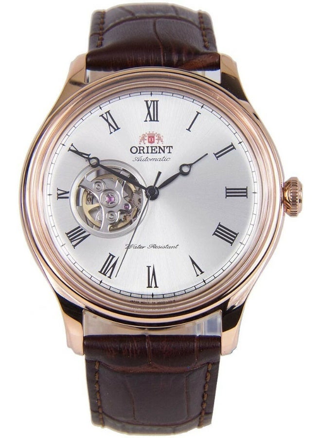 ORIENT Men's Envoy TAG00001S0 Men’s Automatic Watch – Open‑Heart Silver Dial, 43 mm Rose‑Gold Case, Leather Strap, 50 m WR - Image 3