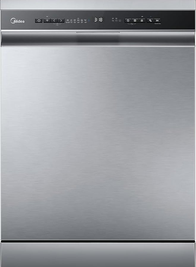 Midea Smart Freestanding Dishwasher With 15 Place Settings & 9 Programs, Wi-Fi, Delay Start & Auto Open Function, Silent & High Energy Efficient, Rapid & Cloud Wash, Silver - WQP15-W7633D(SS)-GCC WQP15-W7633D(SS)-GCC silver - Image 1