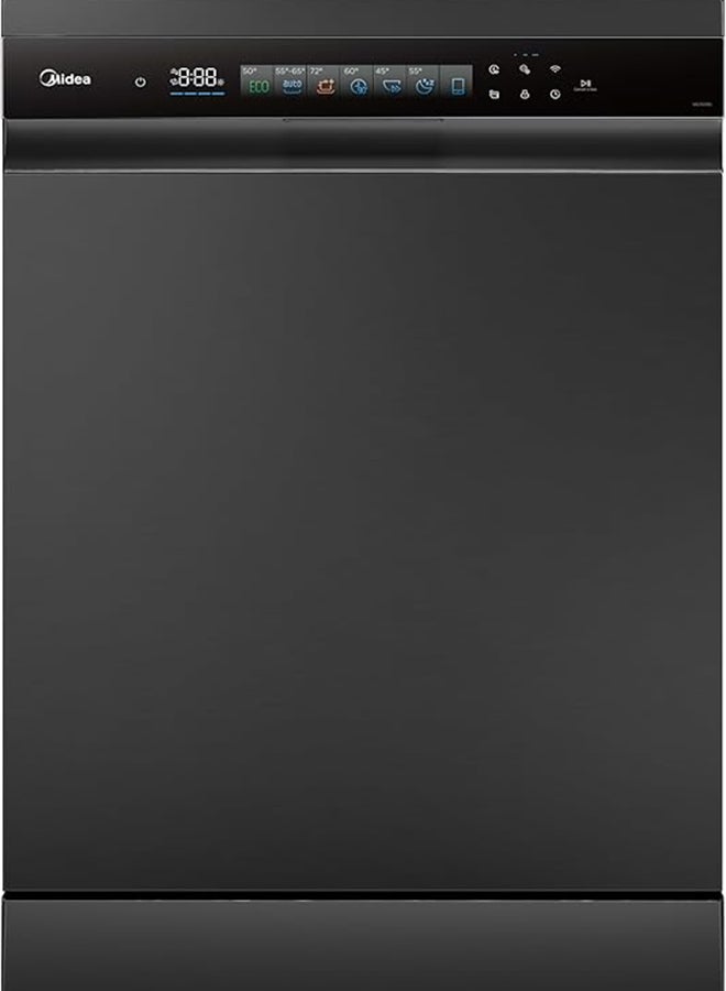 Midea Smart Freestanding Dishwasher With BLDC Motor, 15 Place Settings, 9 Programs, Wi-Fi, Turbo Speed, Power Wash & Auto Open Function, Silent & High Energy Efficient, Black - WQP15-WU7633GUR(BS)-GCC WQP15-WU7633GUR(BS)-GCC black - Image 1