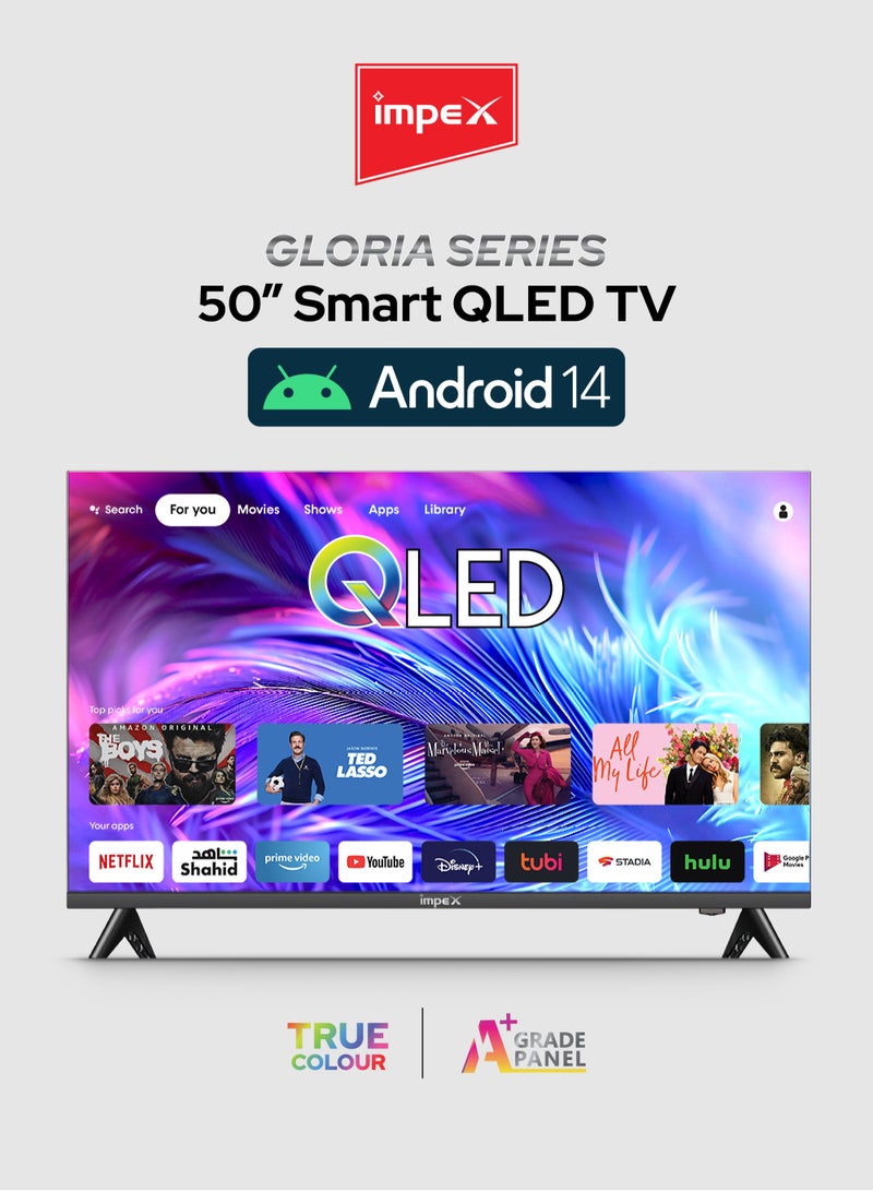 Impex 50 Inch QLED Smart TV (Android 14, Frameless Design, Quad-Core, 8GB Storage, 1GB RAM Super Slim HDMI & USB Ports A+ Panel, Energy Saving Wide Viewing Angle Gloria50Q black  - Image 1
